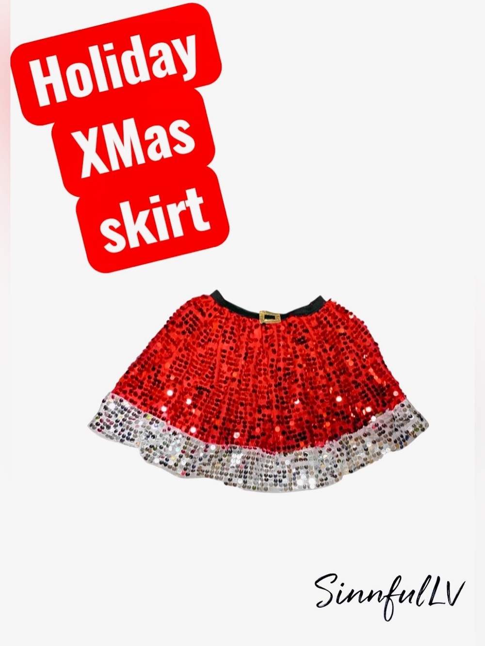 Sequin Holiday Mini Skirt - Red with Silver Trim